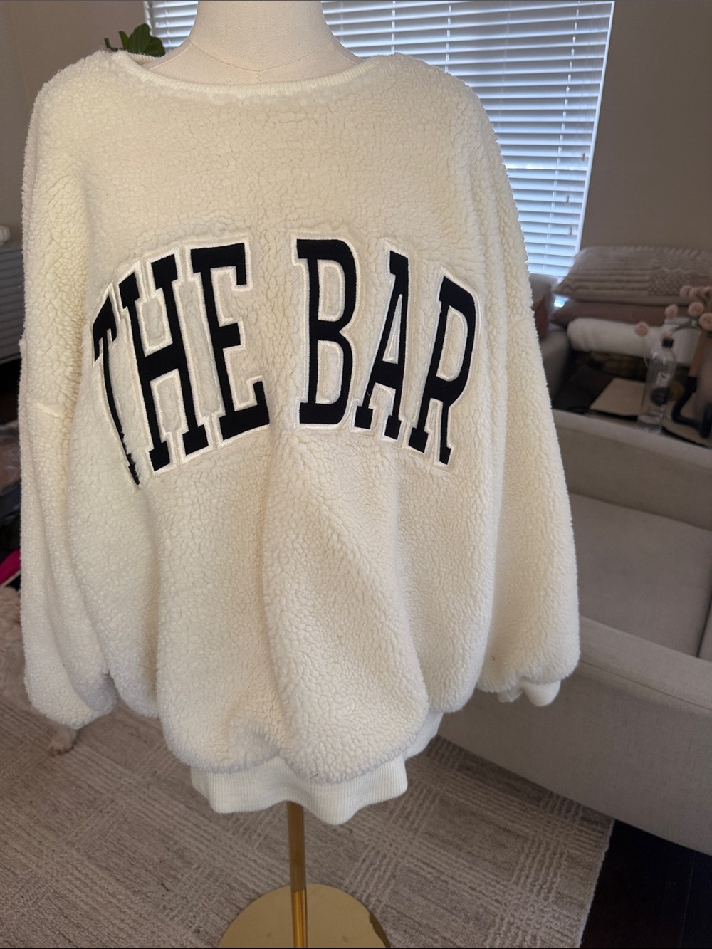 The Bar Cream Sherpa Crewneck with Black Lettering
